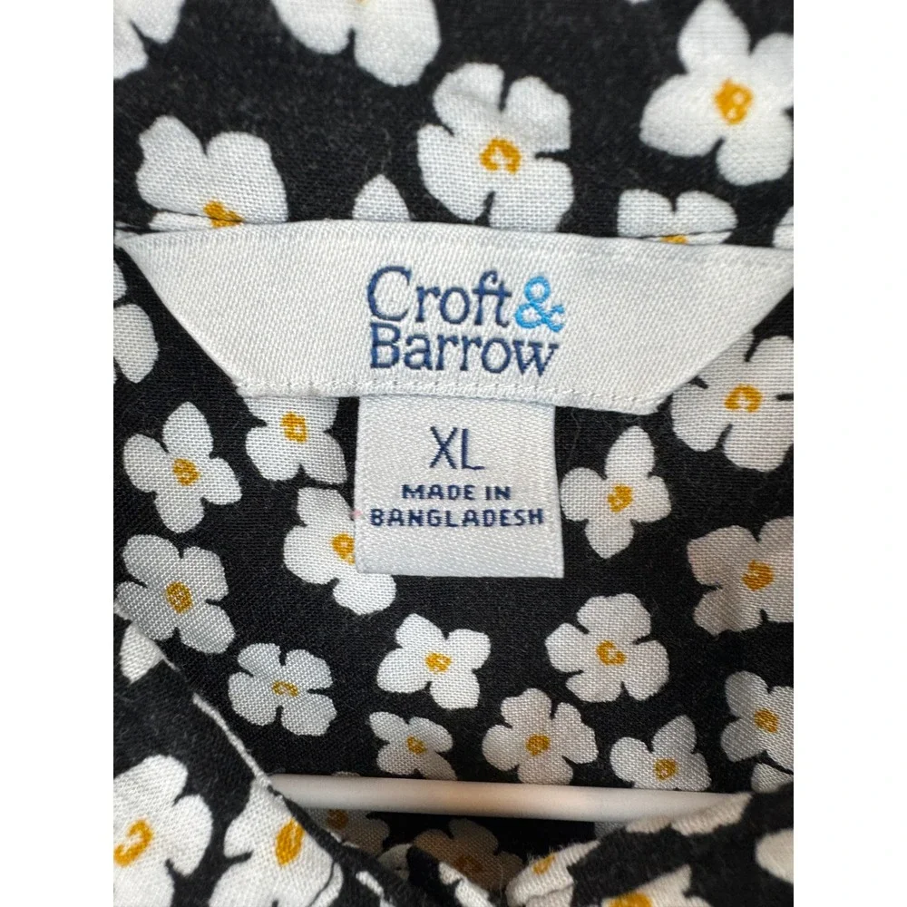 Croft & Barrow‎ Floral Button Down Shirt Womens XL Black White Daisy Rayon Top